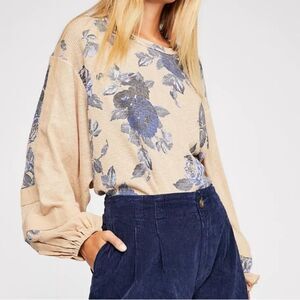 Free People Flower Patch Thermal Top Blue Roses Cream Floral Sweater Blouse